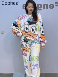 Cartoon Duck Diamond Printing Long-sleeved Hoodies Women' Two-piece Sets 2024 Spring Autumn High-end Casual Pants Set Female