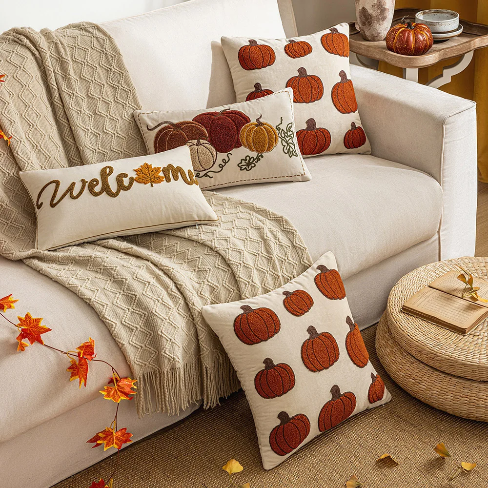 Autumn Embroidered Velvet Pillow Cover Nordic Pumpkin Circle Cushion Sofa Decor Home Throw Pillow Case 18x18 30x50cm