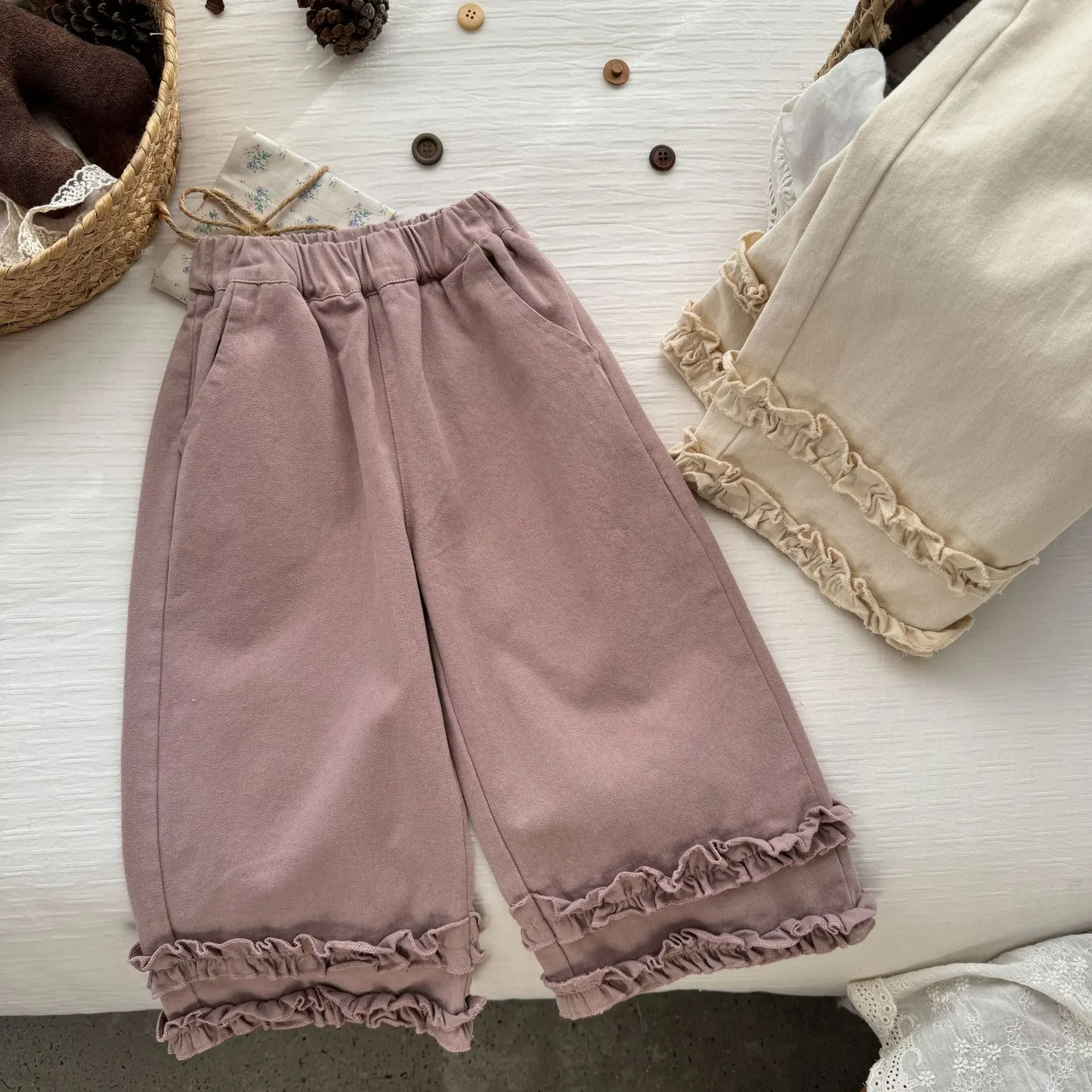 

Брюки для девочек, весна 2023, новые корейские однотонные деревенские модные кружевные повседневные прямые широкие брюки