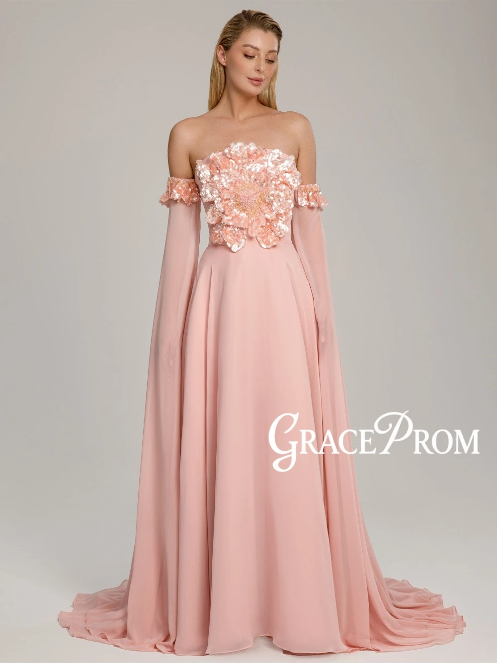 

Fairy Blush Pink Off Shoulder Evening Dress 3D Sequin Flower Chiffon A-Line With Train Formal Prom Gown Wedding Guest Customized