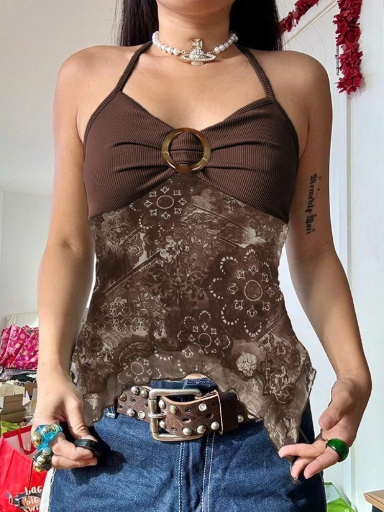 Haut court en maille imprimé pour femmes, vêtements paresseux, accessoires Y2k, camison monté sur le cou, Ropa De Mujer asymétrique