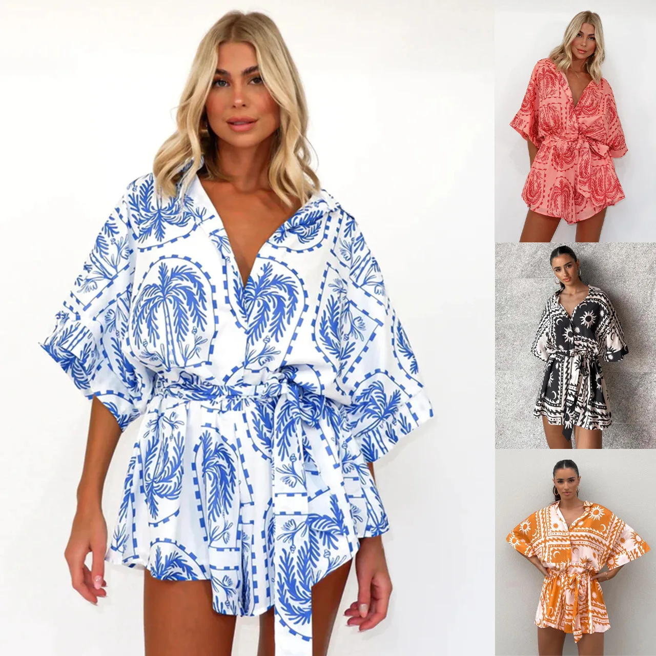 Fashion Printed Chic Jumpsuits Shorts Summer Women V-neck Casual Beach Vacation High Waist Leace-up Bodysuits Fashion Streetwear