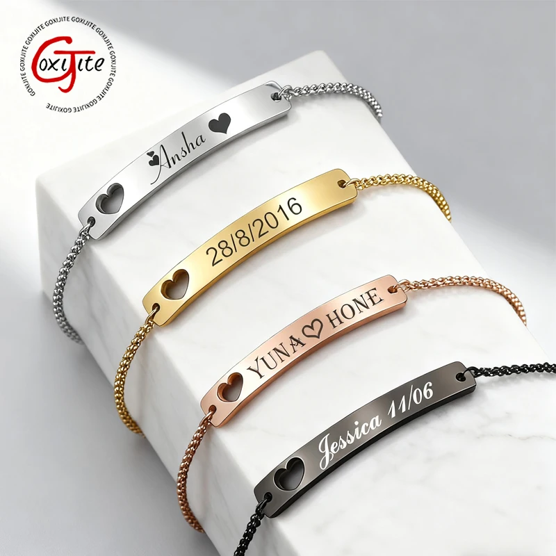 Goxijite Engrave Name Bracelet Hollow Heart For Men Women Stainless Steel Carving Symbol Date Bracelets Commemorative Day Gift