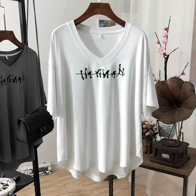 

Новые летние тонкие футболки из ледяного шелка в стиле Харадзюку для женщин: свободные повседневные топы с V-образным вырезом и принтом-надписью для уличного стиля