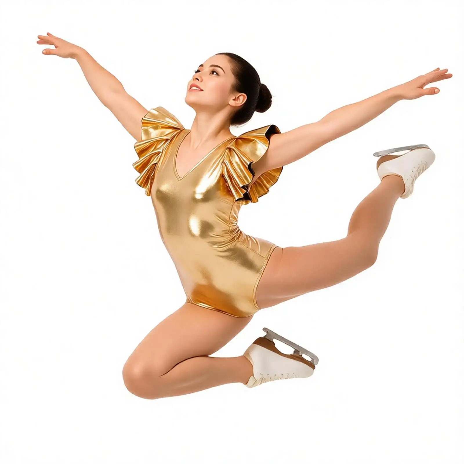 Women Shiny Glossy Clubwear Ruffled Sleeve V-neck Leotard Bodysuit Artistic Gymnastics Jumpsuit for Rave Party Pool Pole Dancing