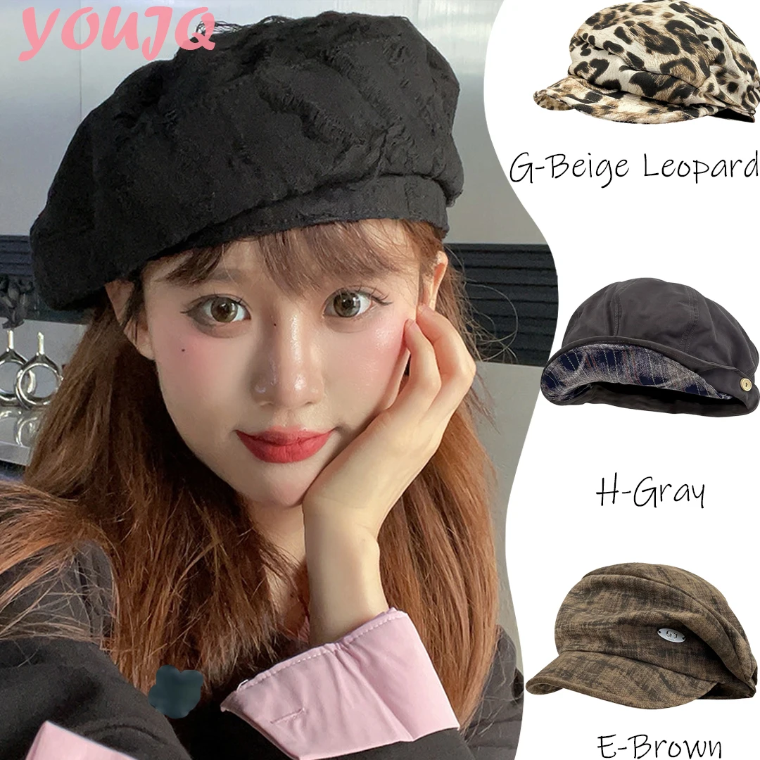 

Korea Leopard Metal Round Beret Hats for Women Spring Autumn Japanese Versatile Art Elegant Octagonal British Retro Painter Cap