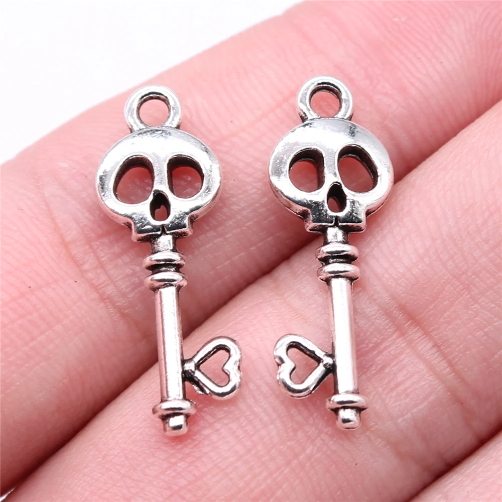 WYSIWYG 20pcs 26x9mm Skull Heart Key Charms Antique Silver Color For DIY Jewelry Making Zinc Alloy Charms Jewelry Findings