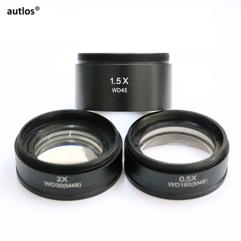 0.5X 1X 1.5X 2X Barlow Auxiliary Microscope Objective Lens Thread 48mm Mount Digital Stereo Microscope Lens for Changing View