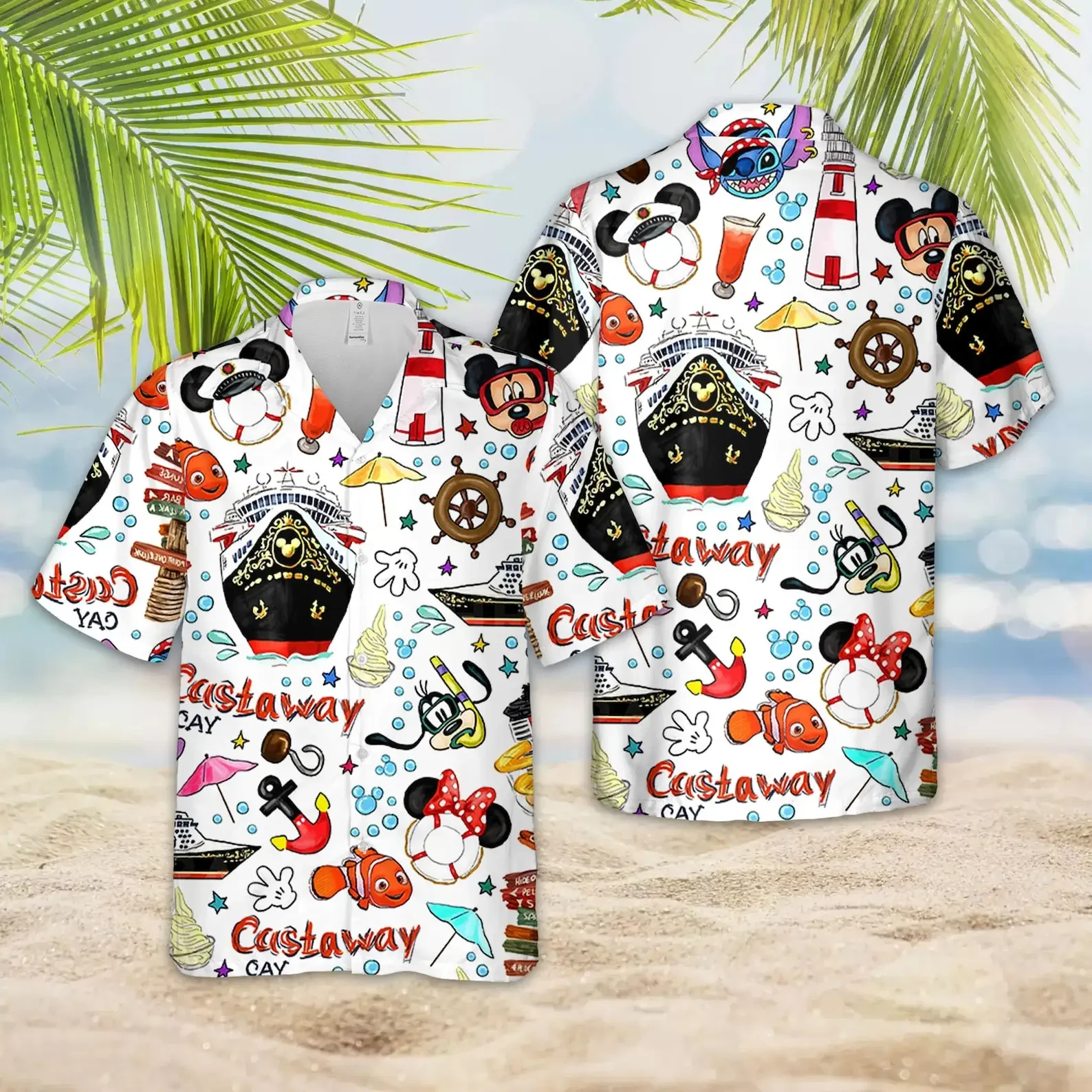 Miniso disney Cirkál Hawaii nyomtatás Ing mens Női Csináltatás gomb Porhanyós Ingujj Ing disney Cirkál mickey Hawaii Ing férfiak