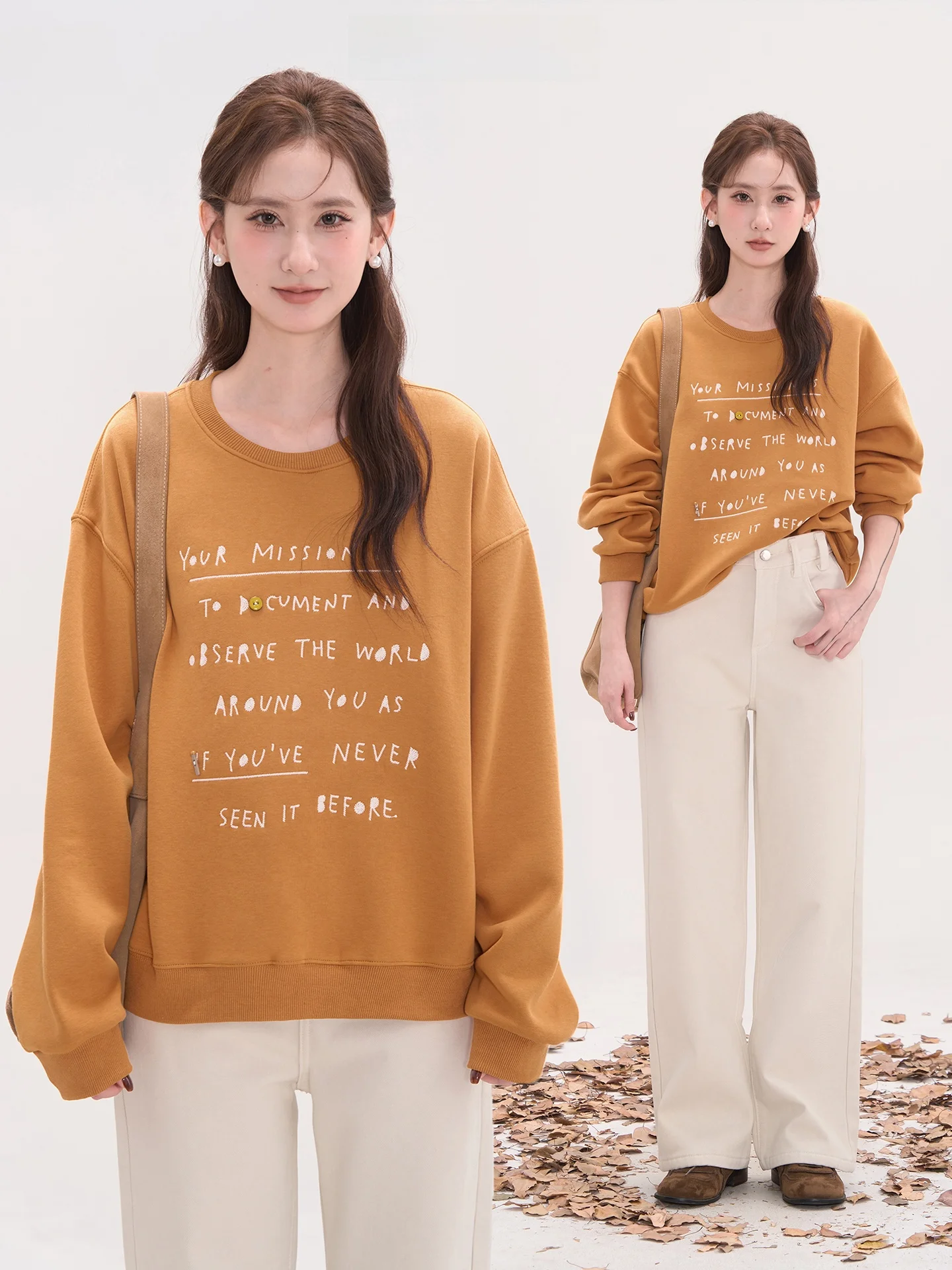 

Женская повседневная толстовка в корейском стиле с вышитыми буквами Heme Snow Night Encounter, круглый вырез, утепленная