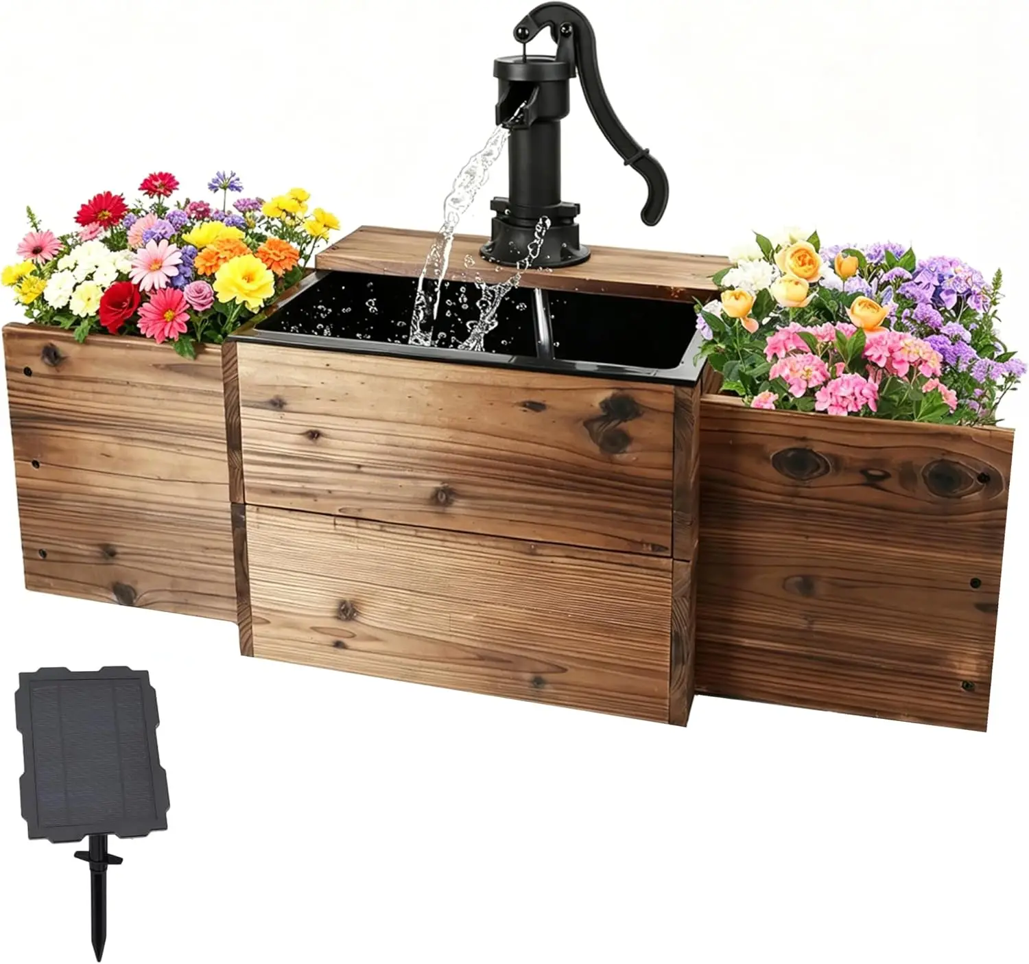 Outdoor Solar Water Fountain Wooden Garden Feature Flower Box Planter Hand Pump Lawn Patio Backyard Decor