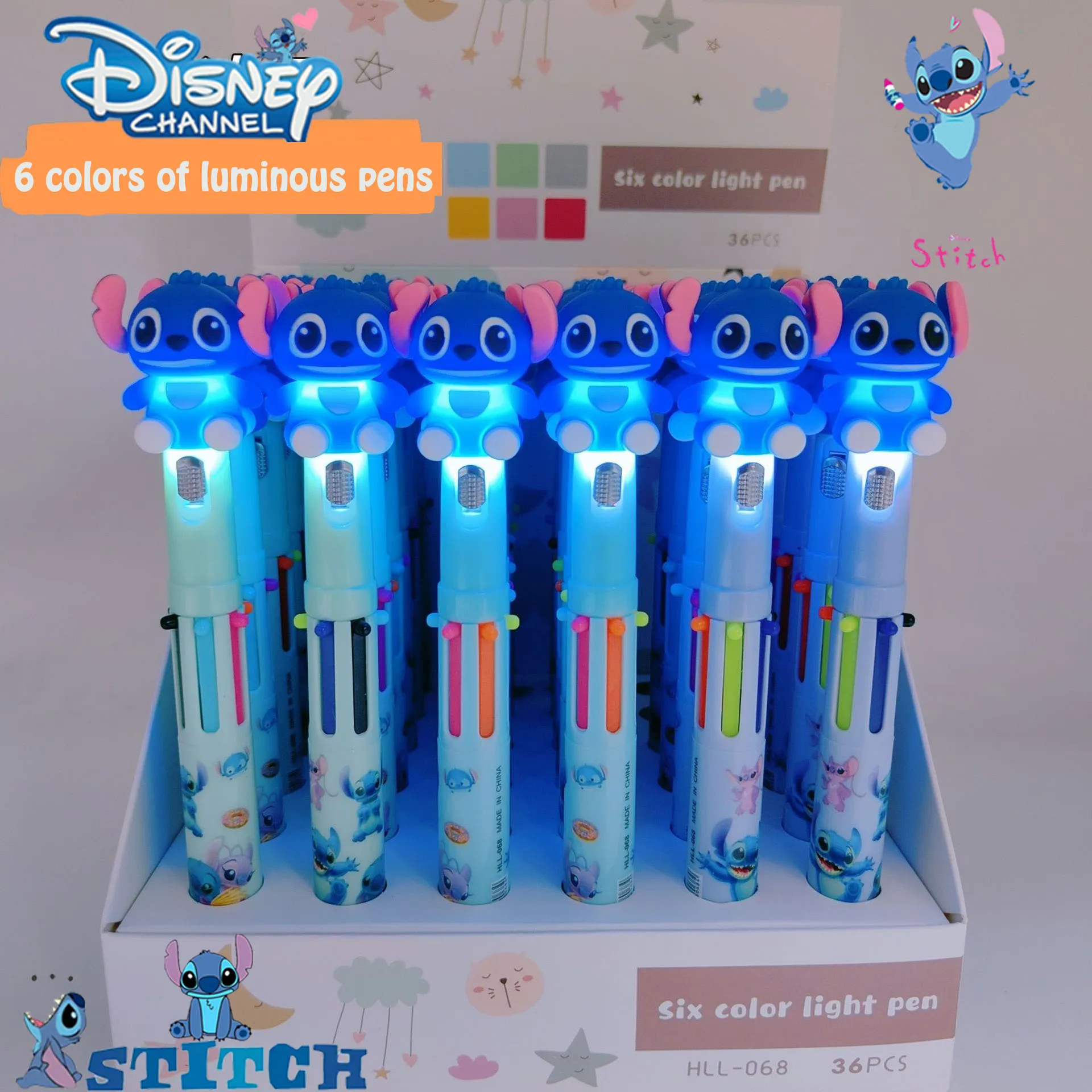 

New Disney Stitch Glowing Pen Cartoon Multicolor 6 Colors Ballpoint Pen Student Stationery Ballpoint Pens Writing Tools Supplies