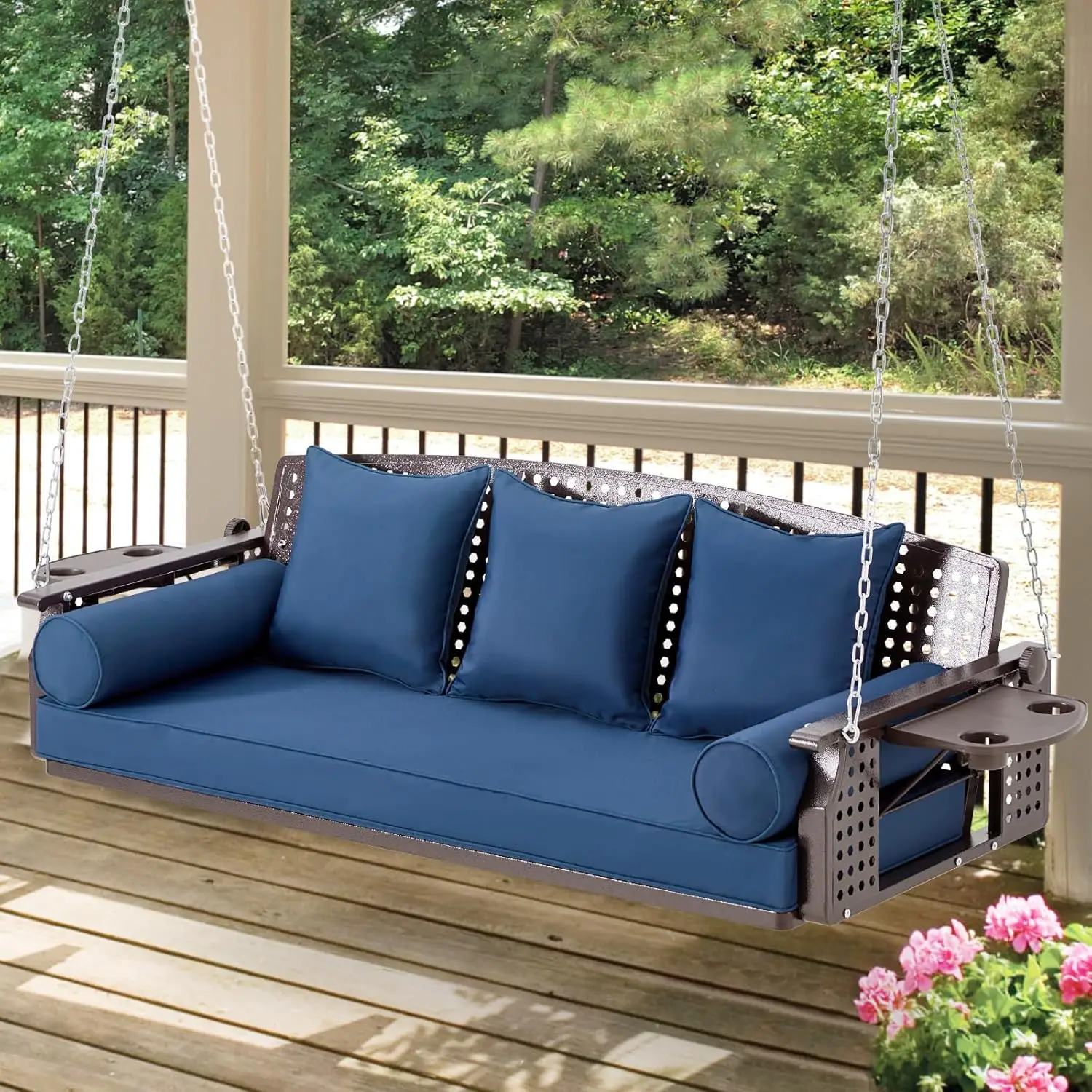 

3 Seat Porch Swing, Patio Swing Bench with Cup Holders & 3 Back Cushions, Swing Chair with Chains for Deck Garden Backyard,Blue