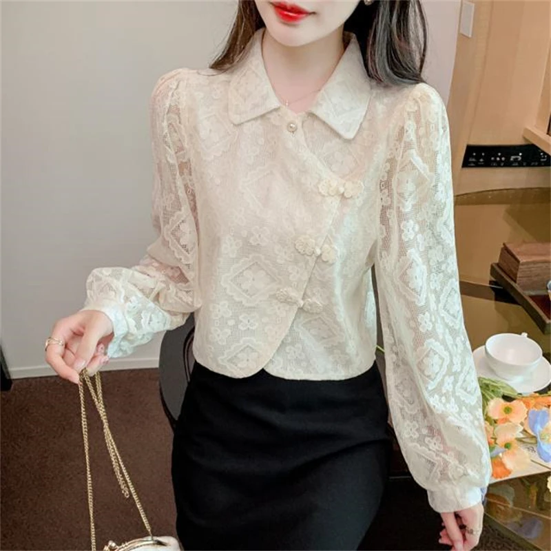 Women Fashion Vintage Hollow Lace Sweet Kawaii Fairy Shirts Elegant Chic Long Sleeve Blouses Casual Solid Loose Tops Blusa Mujer