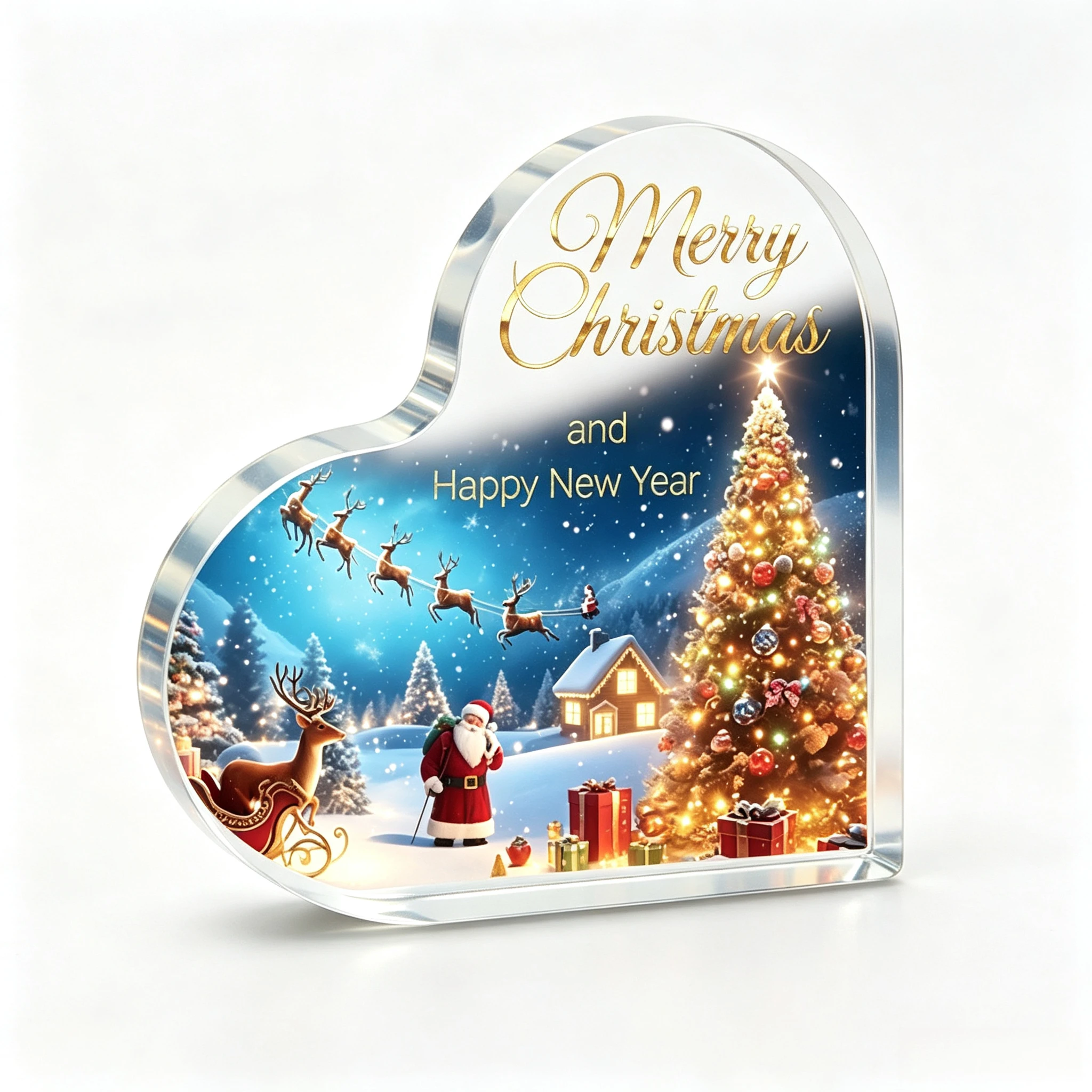 Snowy Night Christmas Village Heart Acrylic Sign, Light‑Up Xmas Tree Desktop Ornament
