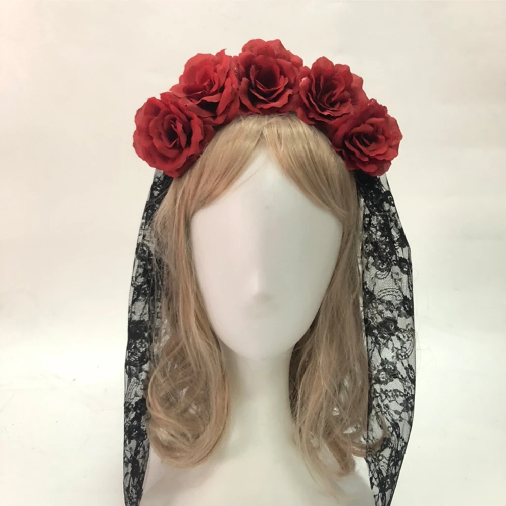 Fascia per capelli con velo in pizzo nero e rose rosse, accessorio romantico per Halloween e cosplay, corona floreale per feste e cosplay