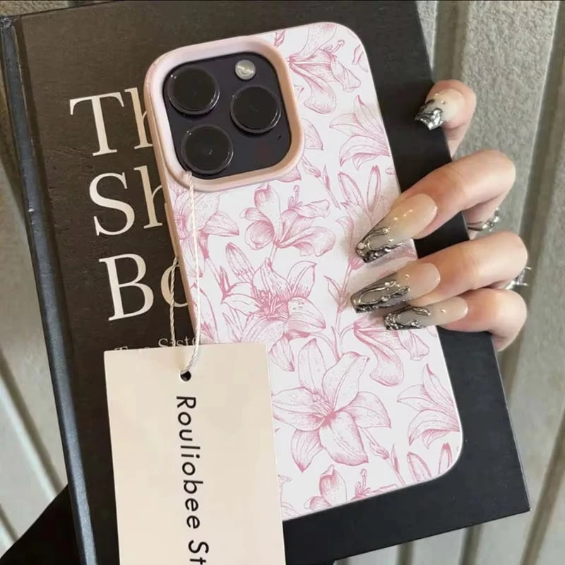 Aesthetic Pink Lily Floral Print Leather Texture Phone Case For iPhone 17 16 15 14 13 12 11 Pro Max Bumper Anti-drop Cover Funda