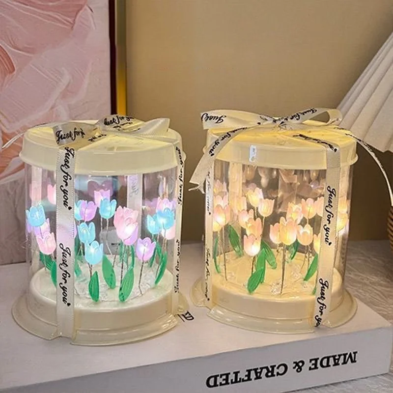 Bricolage tulipe lampe Simulation fleur mer gâteau boîte chambre dormir Table lampe à la main artisanat décor tulipes veilleuses cadeau d'anniversaire