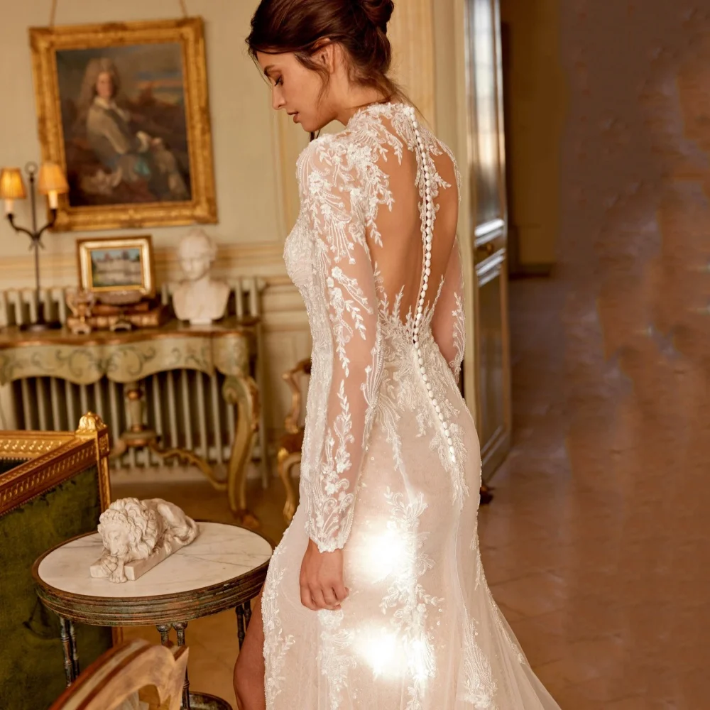 Boho Customized Illusion Back Lace Wedding Dresses Mermaid Bridal Gowns Jewel Neck Bride Robes High Slit Luxury vestido de novia