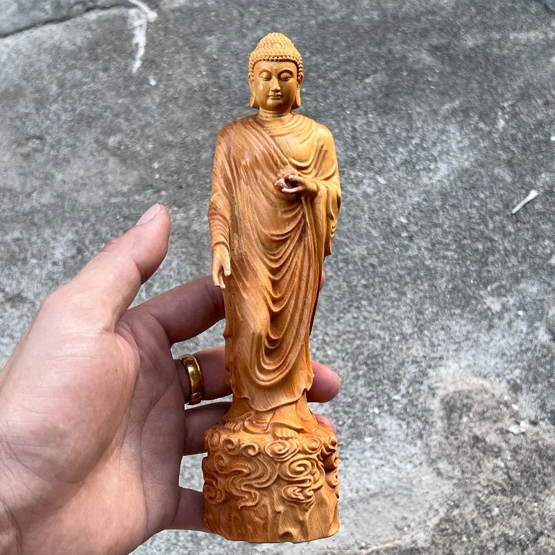 Hand-Carved Cypress Wood Amitabha Buddha Statue - 7.87