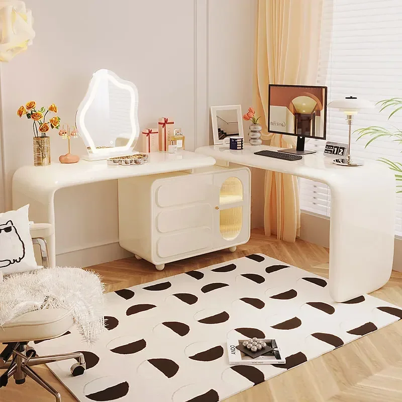 S Cream Style Desk Corner Light Luxury French Style Design Retractable Storage Office Computer Desk