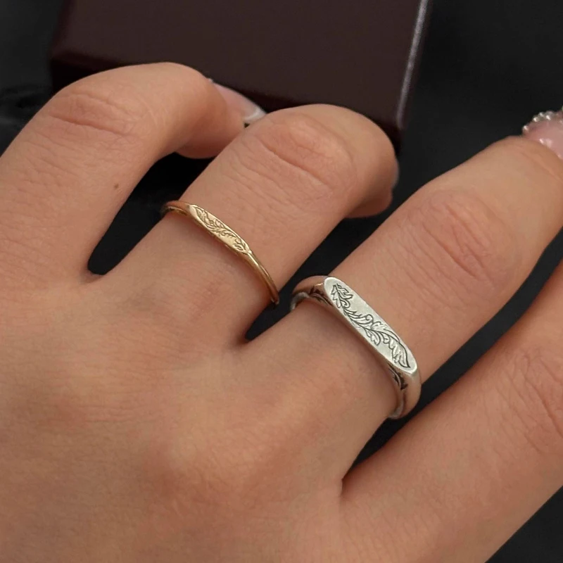 Retro minimalist no inlay carved two-color pattern carved rings autumn and winter light luxury high-end ring party jewelry gift