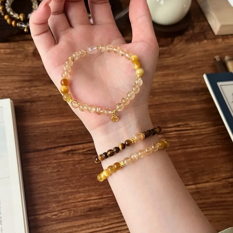 New-Style Yellow Tiger'S Eye Stone Beaded Bracelet, Versatile And Multi-Layered