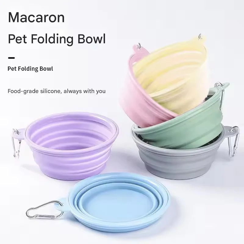 Portable Macaron Silicone Foldable Pet Bowl Collapsible Outdoor Travel Water Food Feeder Bowl With Carabiner For Dogs Cats