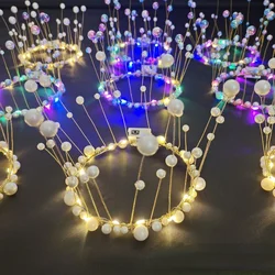 1pcs Women Girl LED Light Up Flashing Vintage Pearl Tiara Queen Crown Royal Wedding Bride Birthday Prom Glow Party Christmas
