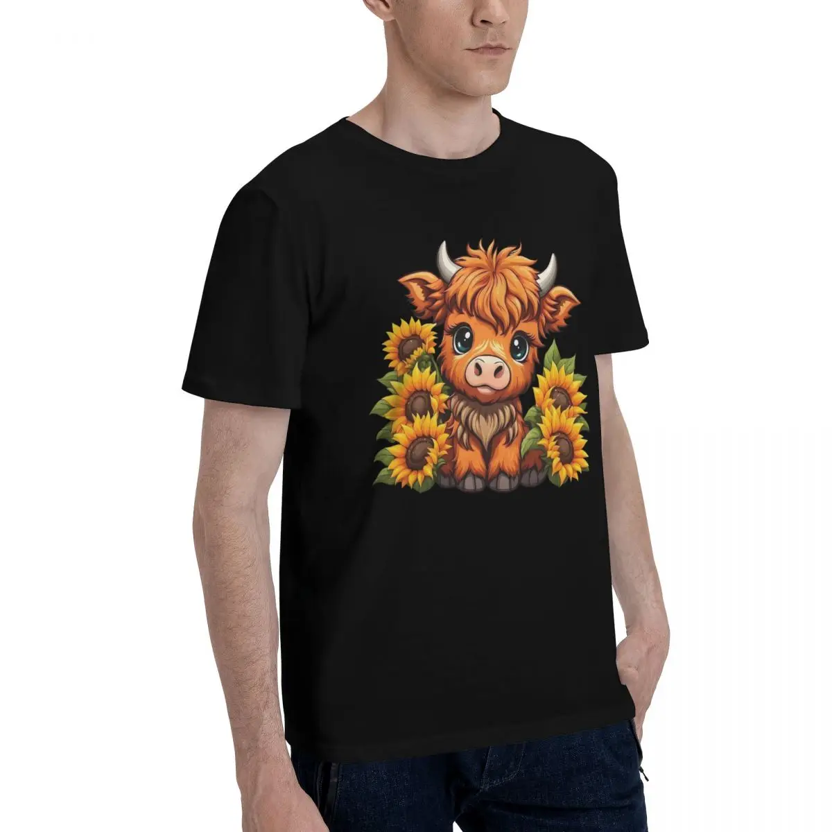 Cute Highland Cow Sunflowers Funny Graphic Sports High grade Title Top tee Activity competition Eur Size