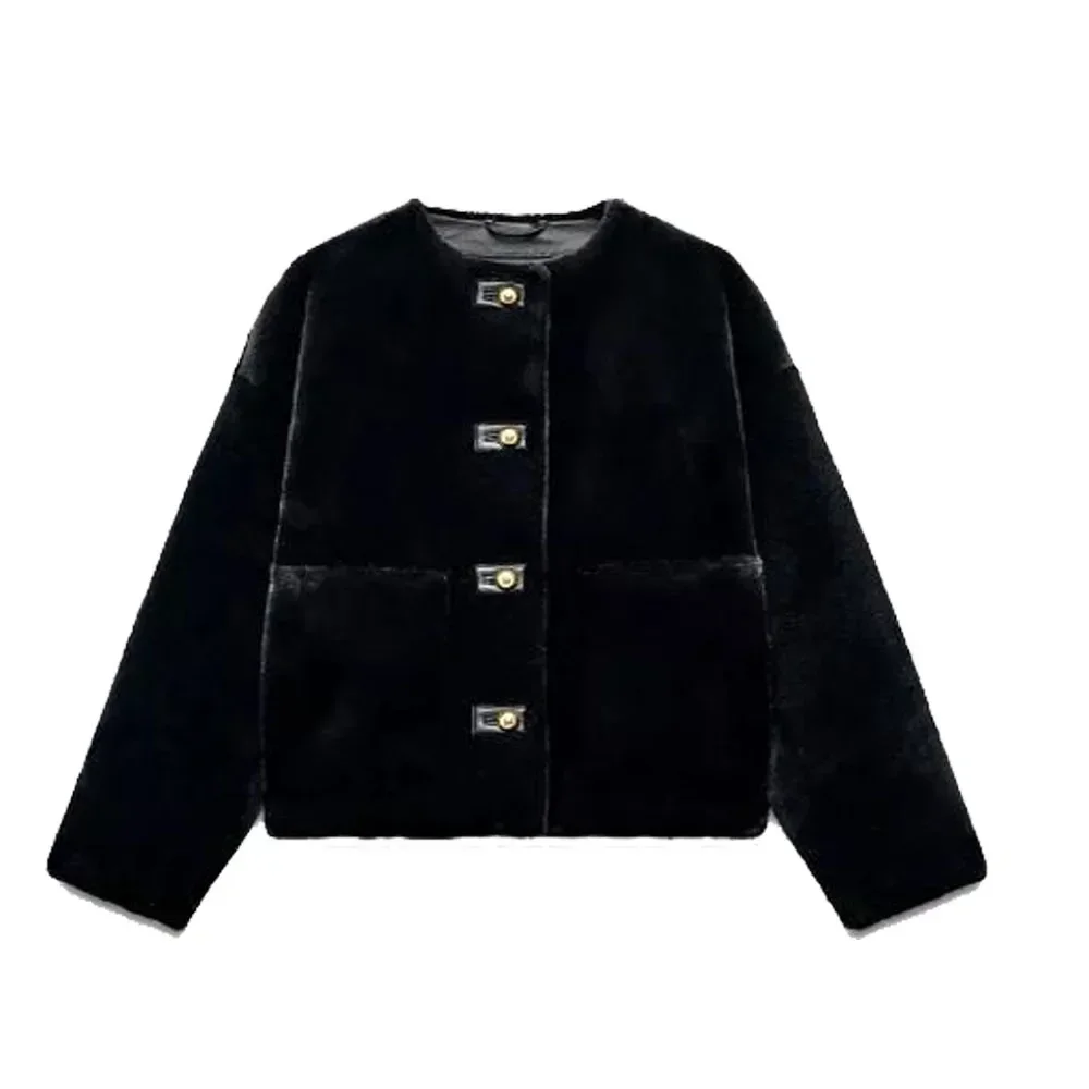 2024 شتاء جديد المرأة جولة الرقبة طويلة الأكمام الأسود فو الفراء تأثير سترة مزاجه تنوعا زر الديكور