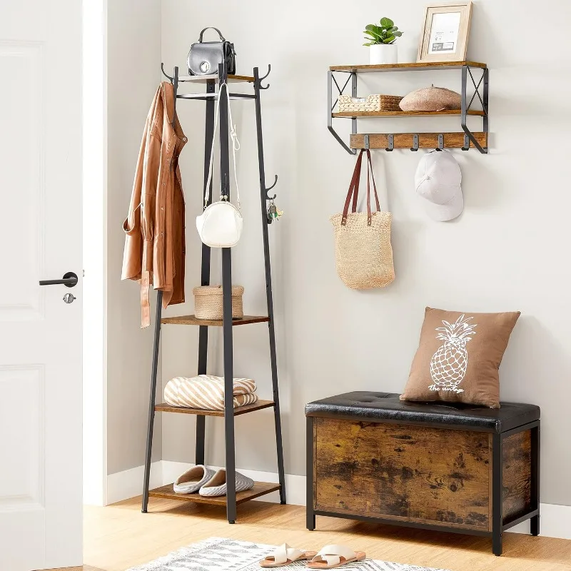 Coat Rack, Coat Stand with 3 Shelves, Hall Tree Free Standing with Hooks for Scarves, Bags, Umbrellas, Steel Frame, Industrial