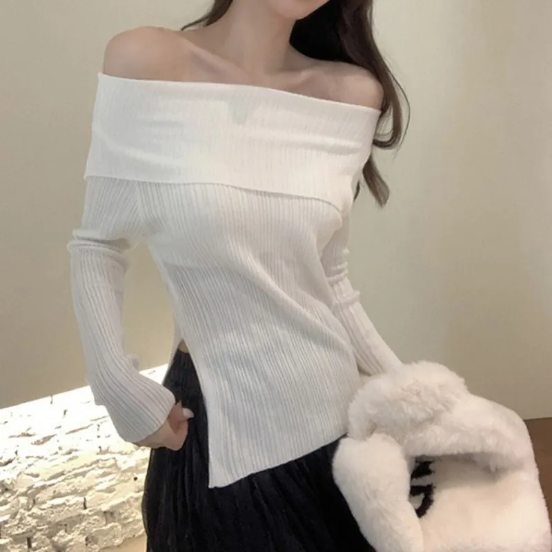 Women\'s Knitted Off Shoulder Sweater Solid Color Split Slim Casual Long Sleeved Tops for Office Lady Streetwear