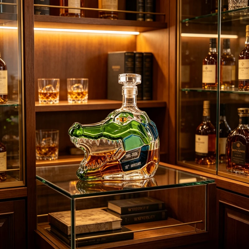 Crocodile‑Head Shaped Glass Whiskey Decanter, Novelty Alligator Liquor Bottle, Green Colored Animal Spirit Container, Home Bar