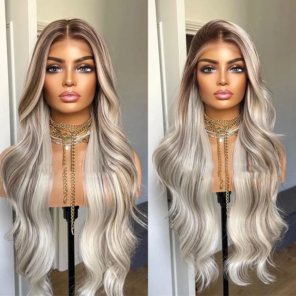 

Blonde Highlights Lace Front Wig Heat Friendly Synthetic Wigs For Women Platinum Blonde Mix Dark Brown Long Wavy Wig Free Part