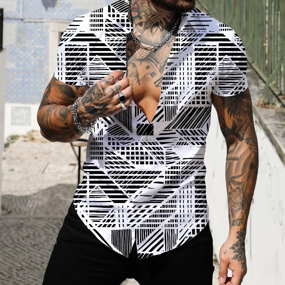 Chemise Hawaïenne à Manches Courtes pour Homme, Streetwear, Impression 3D, Rayé, Patchwork, Plage, à la Mode, 2023