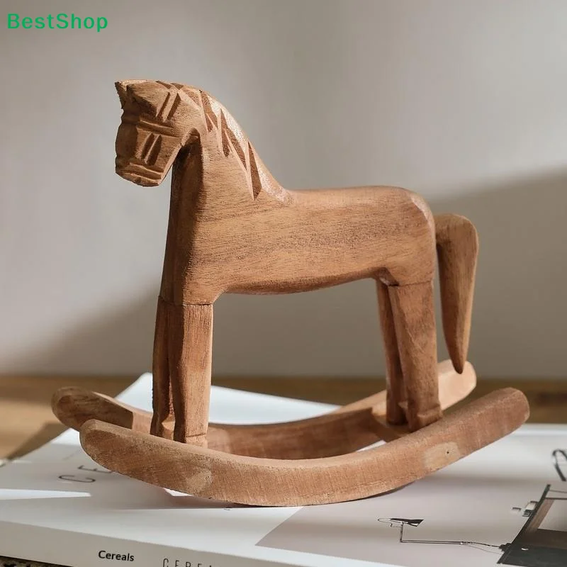 〔R〕Hand Carved Wooden Rocking Horse Figurine, Rustic Natural Wood Rocker Decor for Home & Nursery