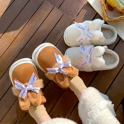 Winter Faux Suede Cotton Slippers for Women's Winter Home Rabbit Bow Cotton Slippers for Warmth, New Thick Soled Princess Style