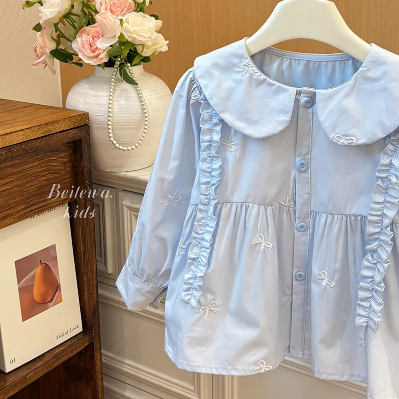 Girls' Long Sleeve Cotton Doll Shirt with Ruffled Edges, Baby Girl Shirt, Spring New Sweet French Style