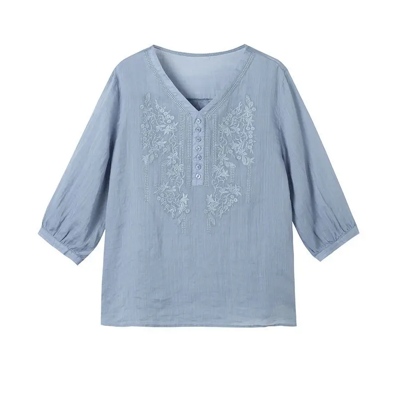 Summer Elegant Fashion New Blouse Women Button Prairie Chic V Neck Three Quarter Sleeve Solid Color Embroidery Loose Casual Top