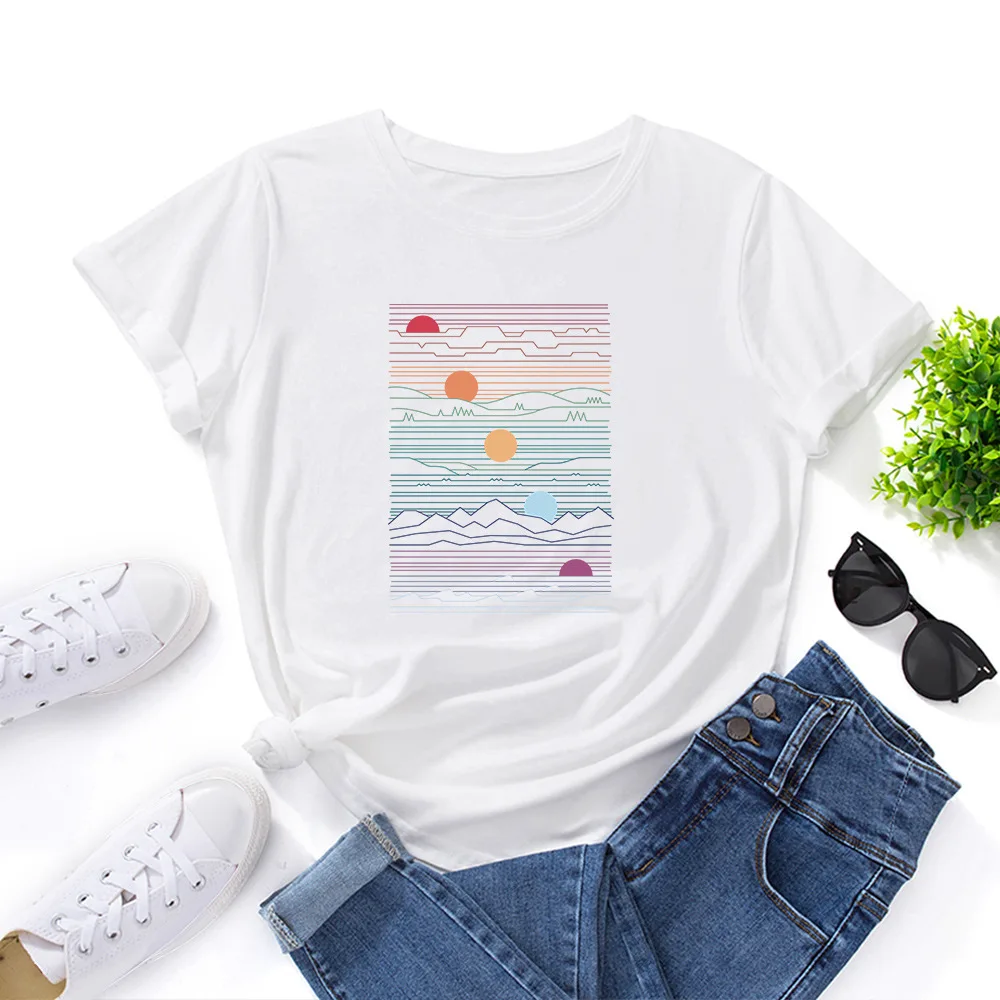 Women Tee Oversize Tops 2024 100% Cotton Summer T-Shirt Woman Loose Shirts Fashion Sunrise Print Casual Kawaii Mujer Tshirt