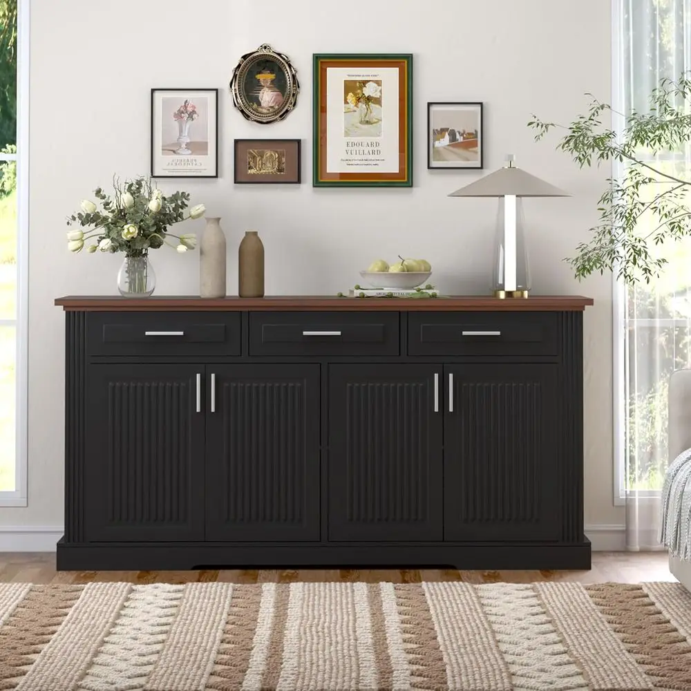 63 Black Storage Sideboard with Coffee Bar, 4 Doors & 3 Drawers for Kitchen, Dining, Living Room, or Entryway