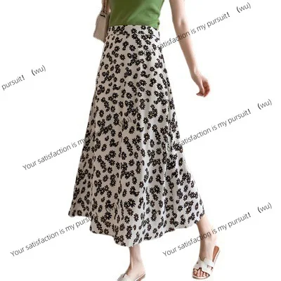 Rok bunga musim semi dan musim gugur pakaian wanita rok draperi rok sedang dan panjang sifon pinggang tinggi