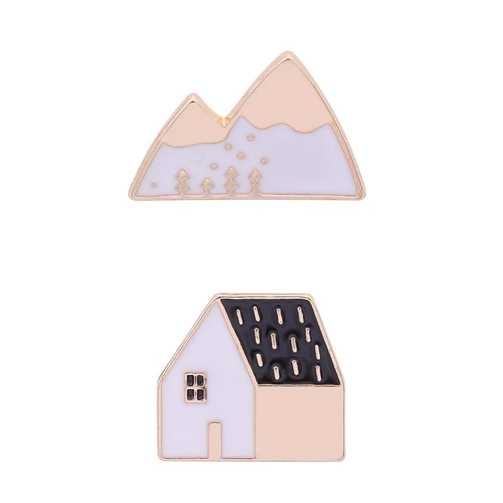 New 2Pcs/Set Hometown Houses and Mountains Enamel Pins Simple Family Brooches For The Backpack Bag Jewelry Decoration