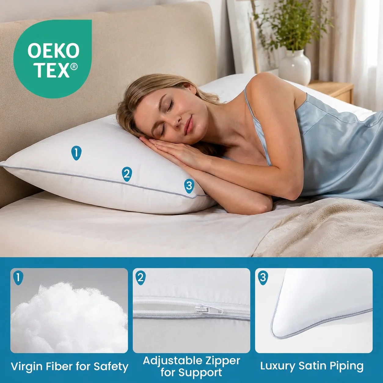 2PCS Queen Bed Pillows Fluffy Down Alternative Filling Adjustable Support Hotel Quality Washable Pillow Set