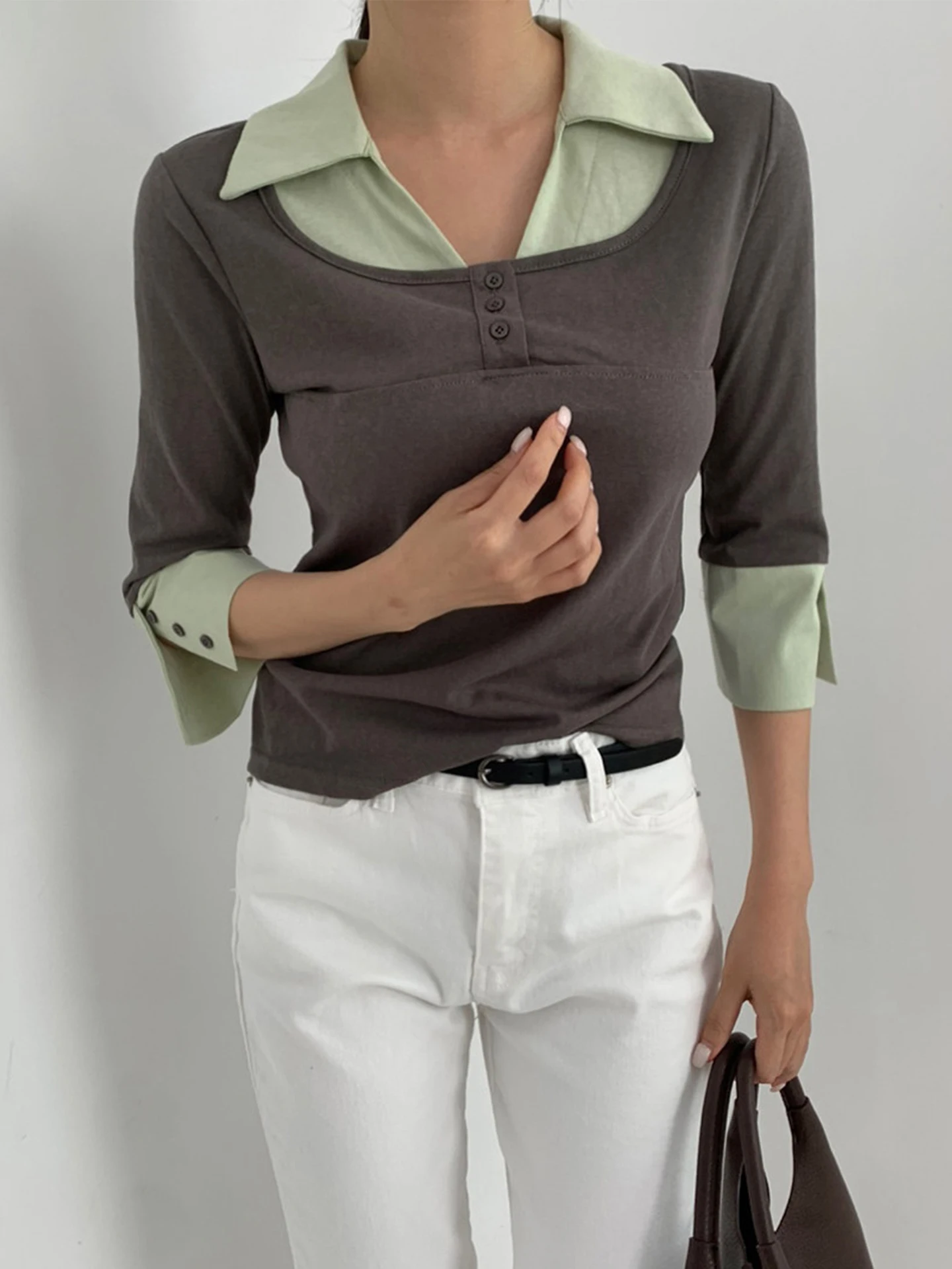 Slim Fit Korean Style Color Block T-Shirt Women's mid Sleeve Turn-down Collar Top Fashionable Casual Polyester Cotton Blend
