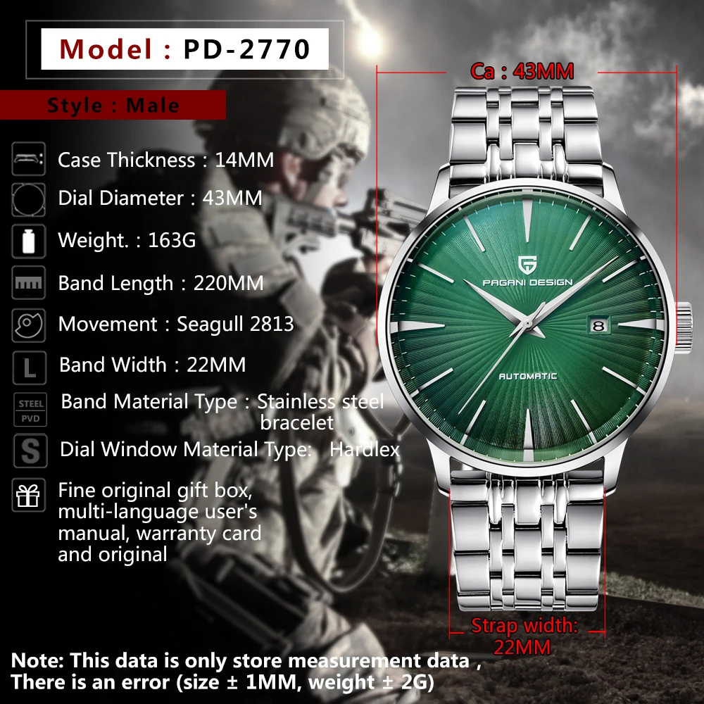 PAGANI DESIGN Automatic Watch Seagull-2813 Men Mechanical Wristwatches Stainless Steel Waterproof Business Luxury Watch PD2770