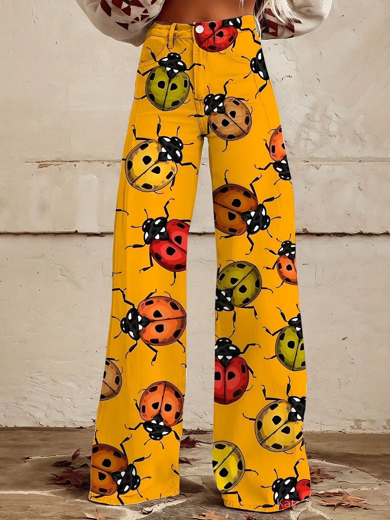 2026 بنطال جينز أبيض أساسي مطبوع ثلاثي الأبعاد ملون بأرجل واسعة #3