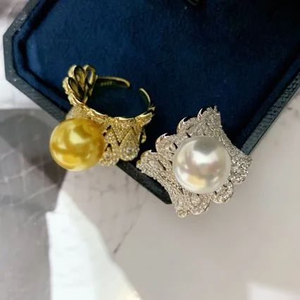 S925 Sterling Silver Natural Edison Pearl Ring 11-12mm Freshwater Pearl Zircon Inlaid Women Statement Ring