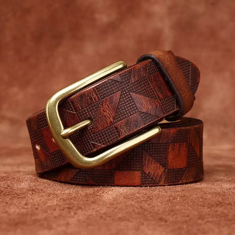 Diamond laser engraving embossed top layer cowhide belt men's leather personality trend niche casual pin buckle belt